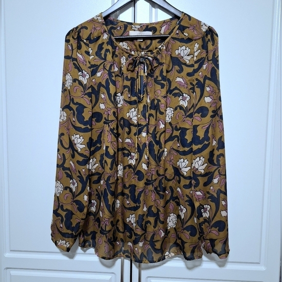 Ann Taylor LOFT Womens Chiffon Floral V-Neck Tie Blouse Longsleeve - Picture 1 of 8